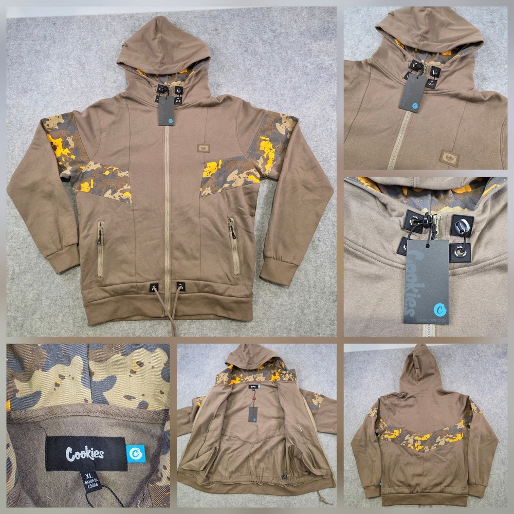 Cookies Hoodie Mens XL Brown Camo Full Zip Fleece Lined Adjustable Sweatshirt